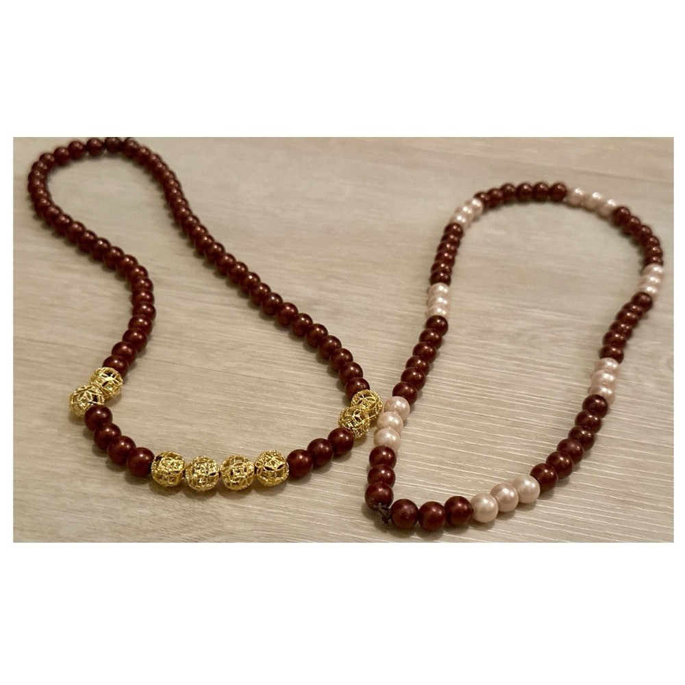 Vintage-Style Beaded Necklace Set Maroon Gold Boho Chic Gift Good Condition